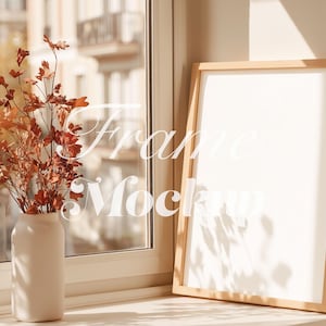 Vertical Wood Frame Mockup, 5x7 Poster Display with Autumn Leaves