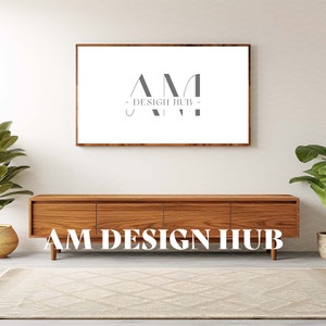 Frame TV Mockup, 16x9 Brown TV Frame, Frame TV on White Wall, Modern Apartment Living Room Interior Mockup, Landscape Art Display Mockup