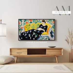Modern Frame TV Mockup, 16x9 Black TV Frame, Frame TV on White Wall, Traditional Living Room Interior Mockup, Landscape Art Display Mockup