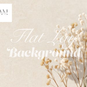 May include: A beige flat lay background with the text "Flat Lay Background" in a script font. Dried flowers in shades of beige and brown are in the lower right corner. The AM Design Hub logo is in the upper left corner.