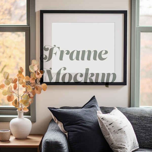 Black Frame Mockup Autumn, For Horizontal 5x4 Ratio Art, Fall Themed, Landscape 8x10 Poster Mockup, Window, Scandinavian, PSD Smart Object