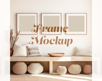 Three Square Frame Mockup, for Square Wall Art Print Set of 3, Boho Square Frame Set Mockup