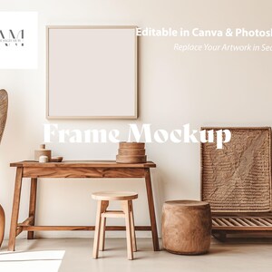 Boho Square Frame Mockup, Minimalist Poster Display in Bohemian Home Studio Interior, PSD and Canva Template