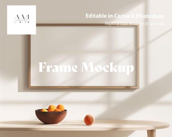 Frame TV Mockup, 16x9 Digital Art Display on White Wall, PSD and Canva Template