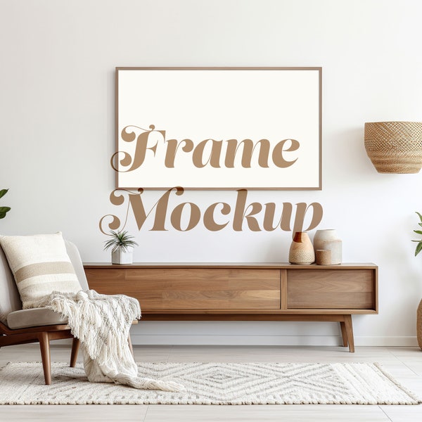 Frame TV Mockup, 16x9 Wood TV Frame, Natural Light, Media Console, Cozy Patterned Cushions, Bohemian Home Interior, Minimalism Decor