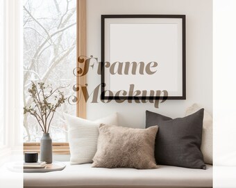 Square Frame Mockup, Black Frame Display for Festive Winter Wall Art