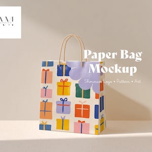 Maqueta de bolsa de papel, expositor de embalaje para marca de logotipo y diseño de patrones, color de fondo editable, maqueta de bolsa de compras JPG PSD