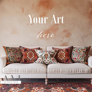 Boho Interior Mockup, Blank Walls Mockup, Bohemian Home Interior Pictures, Earth Tone Empty Walls, Cushions on Sofa, Interior Picture JPG