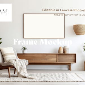 Frame TV Mockup, 16x9 Digital Art Display, Home Interior Mockup, PSD und Canva Vorlage