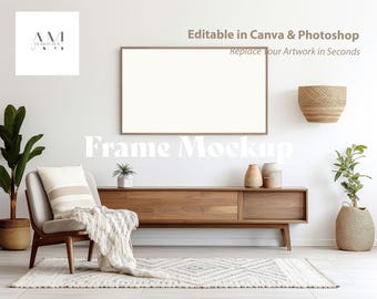 Frame TV Mockup, 16x9 Digital Art Display, Home Interior Mockup, PSD and Canva Template