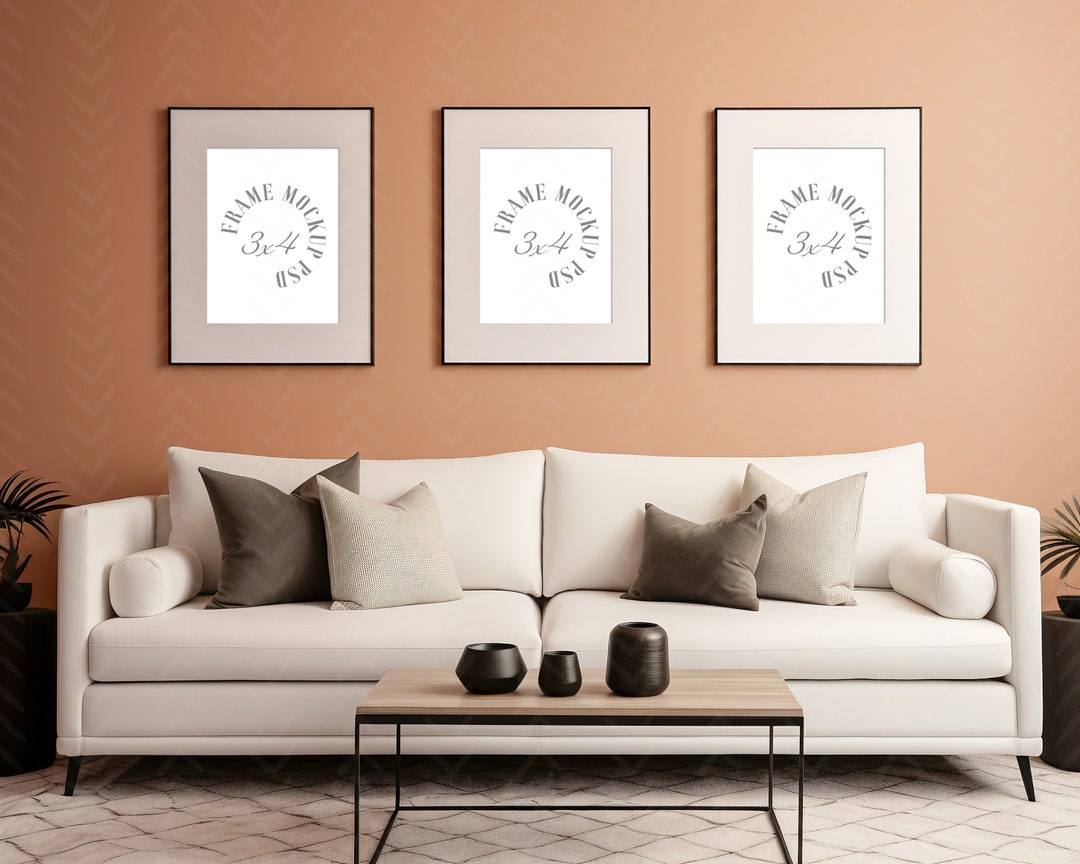 Three Black Thin Frame on Painted Wall Frame Mockup PSD Etsy