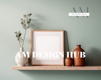 Boho Square Frame Mockup, Wood Frame on Shelf, Mockup for Square Art Print, Sage Green Wall, Terracotta Pot, White Vase, PSD Smart Object