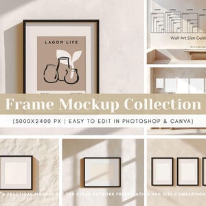May include: A black framed art print with the text "LAGOM LIFE" and a minimalist illustration of vases and foliage. The image is part of a "Frame Mockup Collection" with a wall art size guide.