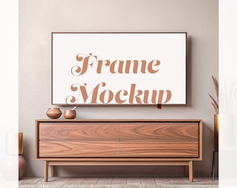 Vintage Wooden Frame TV Mockup, 16x9 Horizontal Brown Frame TV Landscape, Framed Art Living Room Minimal Display, PSD File, Digital Download