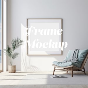 Coastal Square Frame Mockup, Square Wood Frame with Mat, Poster Mockup on Wall, Light Blue Coastal Interior, 12x12, 20x20, Seascape Art Mock