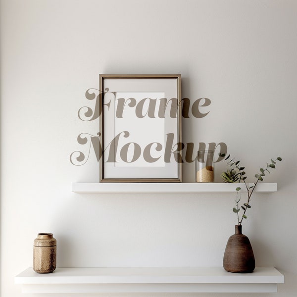 Antique Bronze Frame Mockup, For 2x3 Ratio Vertical Art Print, Vintage Frame Mockup, Framed Art on Shelf with Vase, Farmhouse Dark Room