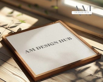 Square Frame Mockup, 1x1 Poster Display in Rustic Farmhouse Interior