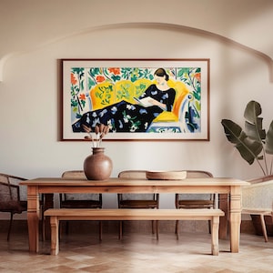 Panoramic Frame Mockup, 2:1 Ratio Landscape Frame Mockup PSD, Horizontal Framed Art on Wall, Spanish Interior Living Room, Wood Frame Mockup