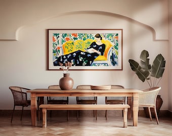 Panoramic Frame Mockup, 2:1 Ratio Landscape Frame Mockup PSD, Horizontal Framed Art on Wall, Spanish Interior Living Room, Wood Frame Mockup