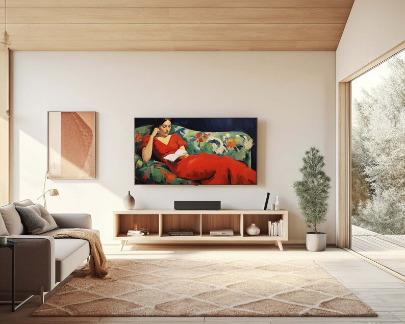frame tv mockup on wall in neutral Scandinavian interior room