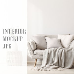 Scandinavian Home Interior Mockup, Living Room Mockup, Blanket on Sofa, Natural Light, Blank White Wall, JPG File Instant Download