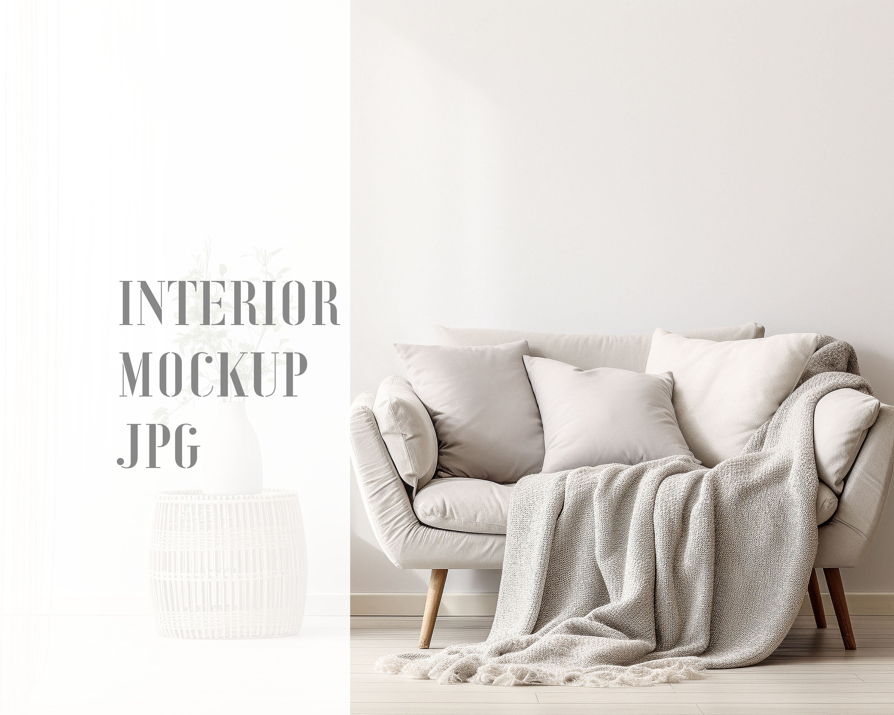 Scandinavian Home Interior Mockup, Living Room Mockup, Blanket on Sofa, Natural Light, Blank White Wall, JPG File Instant Download
