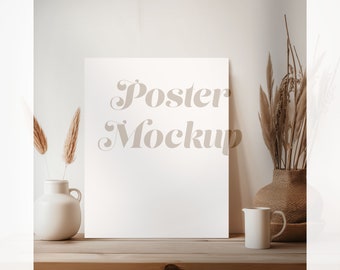 Poster Mockup, Boho Aesthetic Design, Mockup for 4:5 Ratio Prints, Realistic 8x10 Blank Paper with Shadow, Simple Poster on Farmhouse Table