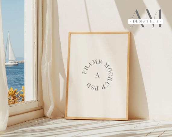 Frame Mockup, DIN A4 A2 Poster Display with Ocean View Window Scene
