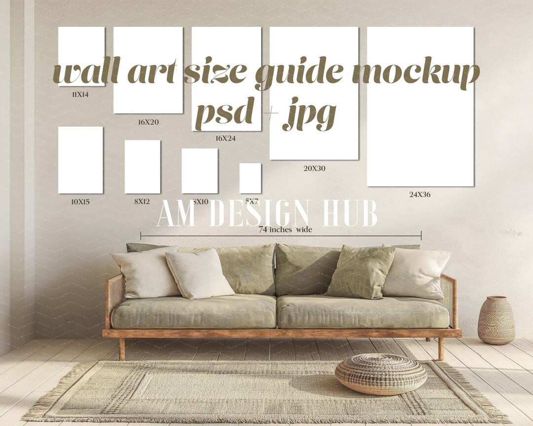 Wall Art Size Guide Mockup, Vertical Print Reference, Poster Mockup ...