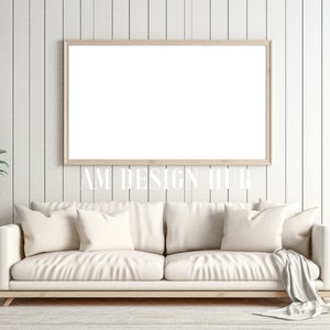 16x9 Frame TV Mockup, Farmhouse TV Frame Interior Mockup, Cushions on Sofa, Farmhouse Interior Mockup, Horizontal Wood Frame Mockup, Neutral