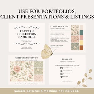 May include: A digital mockup featuring four cards with text and floral patterns. The cards include "Pattern Collection Name Here," "Collection Name," "Collection Overview," and "Thank You." A butterfly and botanical elements are also present.