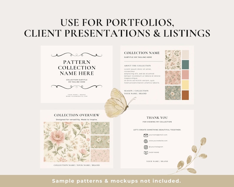 May include: A digital mockup featuring four cards with text and floral patterns. The cards include "Pattern Collection Name Here," "Collection Name," "Collection Overview," and "Thank You." A butterfly and botanical elements are also present.
