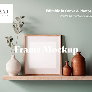 Square Frame Mockup, Shelf Frame for Art Print Display, Compatible with Canva and PSD