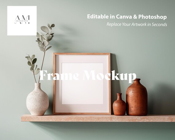 Square Frame Mockup, Shelf Frame for Art Print Display, Compatible with Canva and PSD