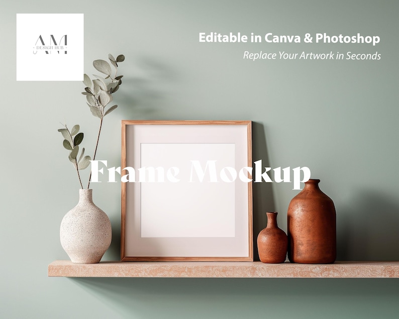 Square Frame Mockup, Shelf Frame for Art Print Display, Compatible with Canva and PSD image 1