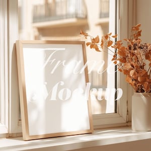 Autumn Frame Mockup, Vertical Wood Poster Display with Fall Leaves by Window