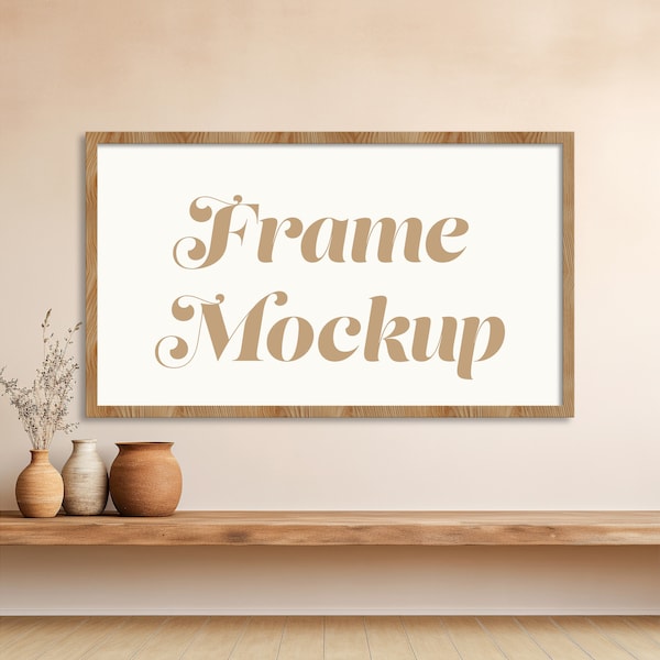 Frame TV Mockup PSD, 16x9 Wood Frame TV Template, Smart Object, Boho Style, Warm, Framed Art on Wall, Above Bench, Terracotta Pot Decor