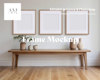 Square Frame Mockup, Frame Set of 3 for Digital Print and Wall Art Showcase, PSD and Canva Template
