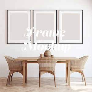 Three Frames Mockup, 2:3 Aspect Ratio Wall Art, Gallery Wall Mockup Poster Set of 3, Dinning Room Interior Mockup, Black Frame on White Wall