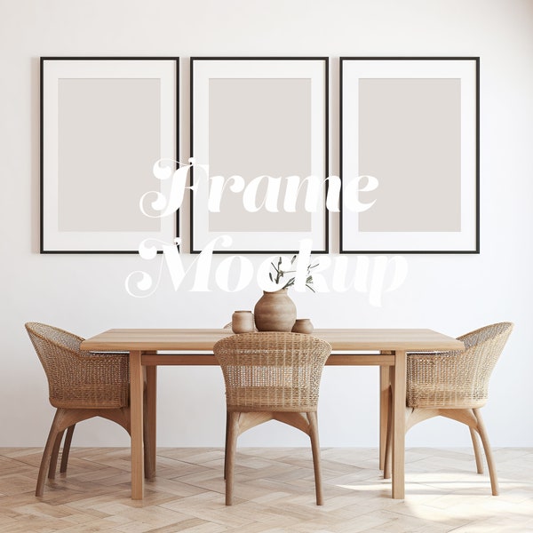 Three Frames Mockup, 2:3 Aspect Ratio Wall Art, Gallery Wall Mockup Poster Set of 3, Dinning Room Interior Mockup, Black Frame on White Wall