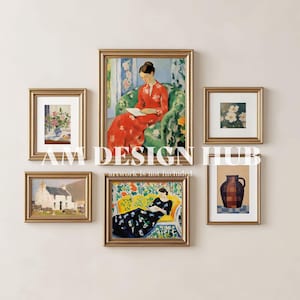 May include: A collection of framed art prints in gold frames. The prints depict various scenes, including a woman reading, floral arrangements, a landscape, and a still life with a vase. The artwork is displayed on a neutral wall.