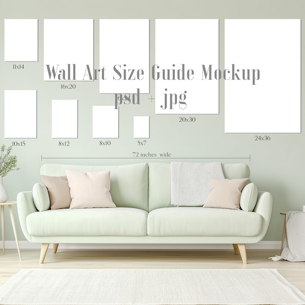 Wall Art Size Guide Mockup, Vertical Print Display Guide, Frame Size Guide, Poster Mockup, PSD and JPG, Green Walls, Printable Arts Sizes