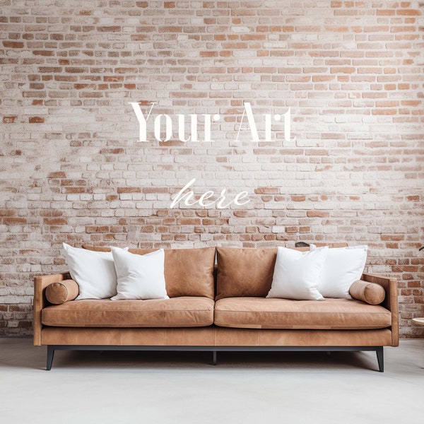 Living Room Mockup, Home Interior Blank Walls Mockup, Industrial Loft with Brick Walls, Leather Sofa, Room Background, JPG Instant Download