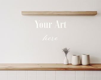 Home Interior Kitchen Mockup, White Empty Walls, Minimal, Farmhouse Kitchen, Clean Countertops, Wood Shelf on Walls, Blank Wall Mockup Image