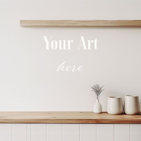 Home Interior Kitchen Mockup, White Empty Walls, Minimal, Farmhouse Kitchen, Clean Countertops, Wood Shelf on Walls, Blank Wall Mockup Image