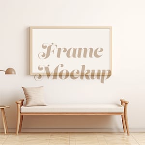 Wood Frame TV Mockup PSD, 16x9 Horizontal TV Frame Mockup, Landscape Framed Art, Bright Minimalist Farmhouse Interior, Smart Object