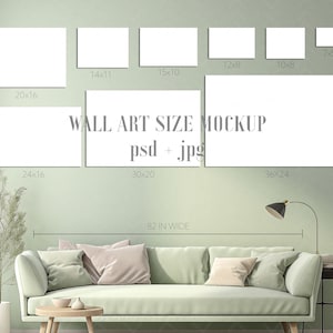 Wall Art Size Guide Mockup, Horizontal Prints Size Guide PSD, Smart Object, for Printable Wall Art, Landscape Digital Download Poster Size