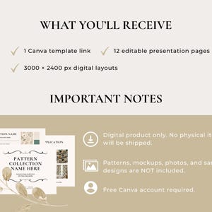 May include: Digital product details with text: "WHAT YOU'LL RECEIVE" and "IMPORTANT NOTES". Includes a Canva template link, 12 editable presentation pages, and 3000 x 2400 px digital layouts. Notes: digital product only, patterns not included, and a free Canva account is required.