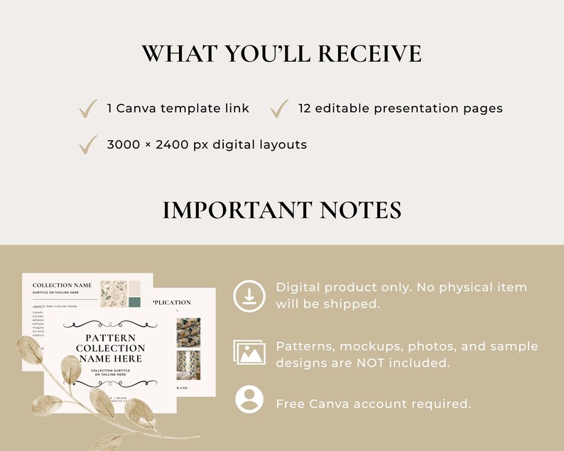 May include: Digital product details with text: "WHAT YOU'LL RECEIVE" and "IMPORTANT NOTES". Includes a Canva template link, 12 editable presentation pages, and 3000 x 2400 px digital layouts. Notes: digital product only, patterns not included, and a free Canva account is required.