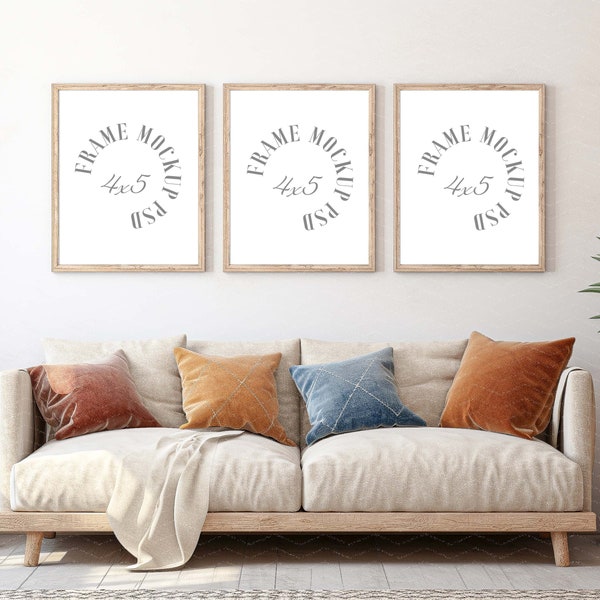 Three Frame Mockup PSD, For 4x5 Ratio Art Set of 3, Cozy Boho Living Room, Cushion on Sofa, 8x10, 16x20 Printable Art Mockup, Smart Object